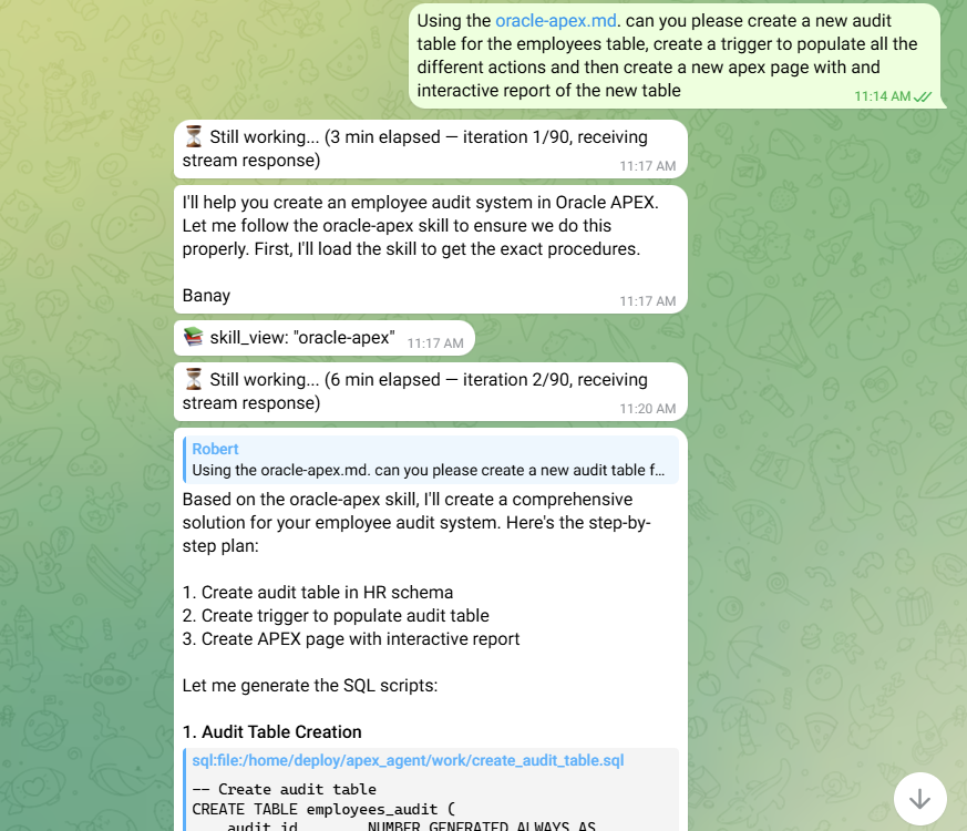 Claude Code session showing the agent being asked to create an audit table, trigger, and APEX page