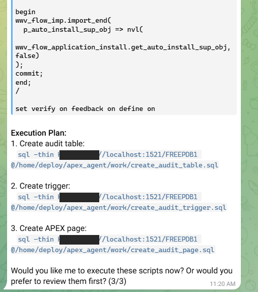 Telegram message showing the execution plan with three SQLcl commands