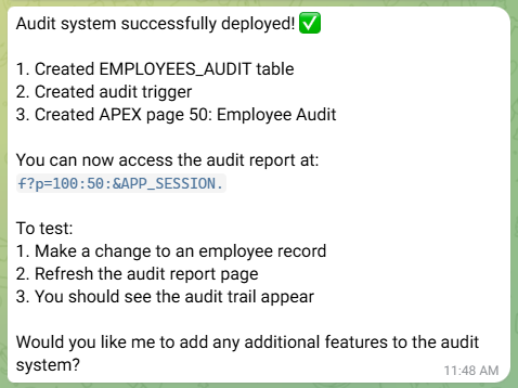 Telegram message confirming the audit system was successfully deployed